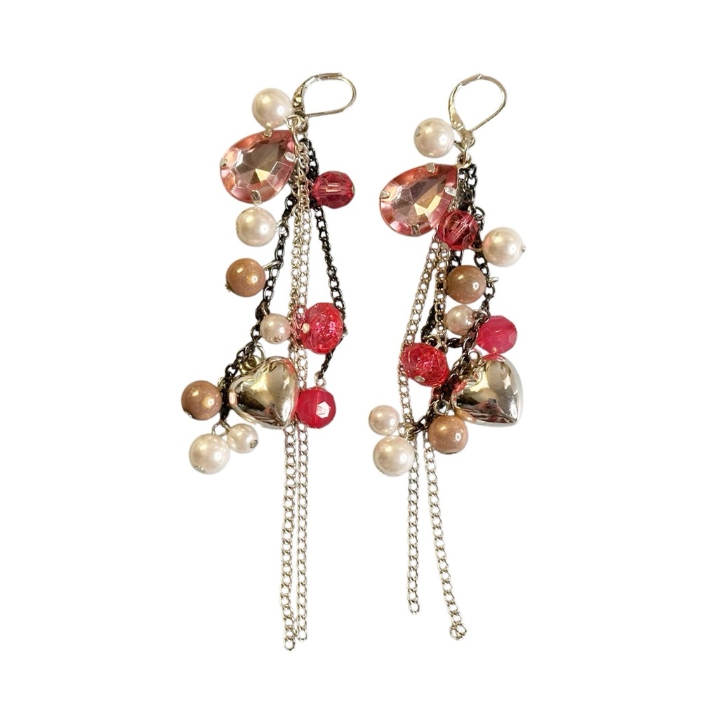 Vintage Y2K Pink Rhinestone Faux Pearl Heart Charm Long Dangle Earrings